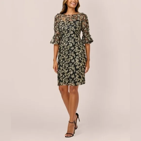 Adrianna Papell Black Gold Metallic Embroidered Sheath Dress 4 - Picture 1 of 14